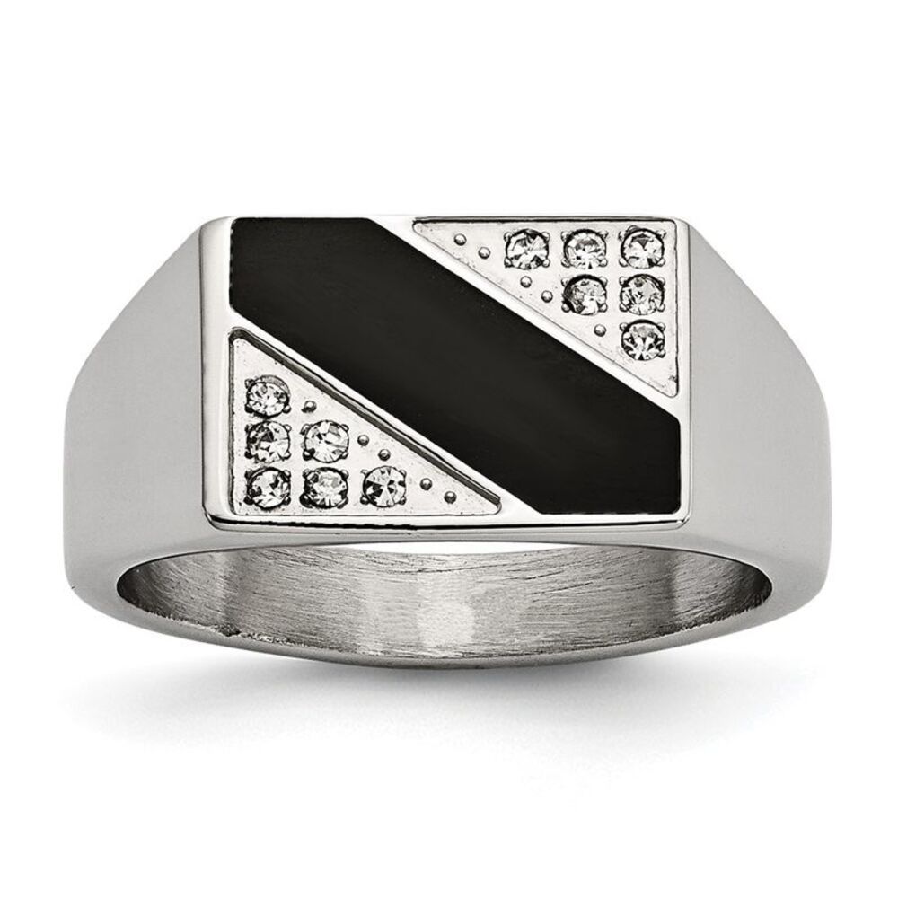 Men's 9mm Stainless Steel Black Enamel & CZ Tapered Signet Ring, Sz 11